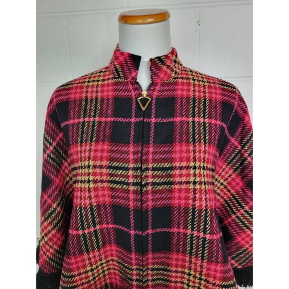 Vintage Dutchmaid Pink Red Plaid Wool Tweed Poncho w. Fringe Jr. Miss 16-18 - Picture 2 of 8